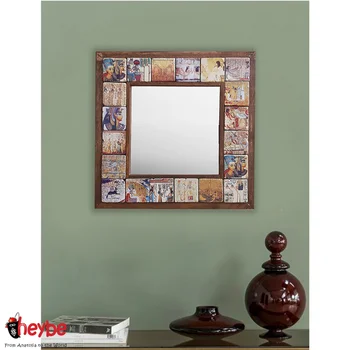 Handmade Decorative Natural Travertine - Limestone Stone Mirror Wooden Framed Ancient Egypt Wall Decor Quality Gift Ideas Home Office Living Room Bedroom Bathroom Mural Square Easy Hanging Mosaic Nordic Style New 3D