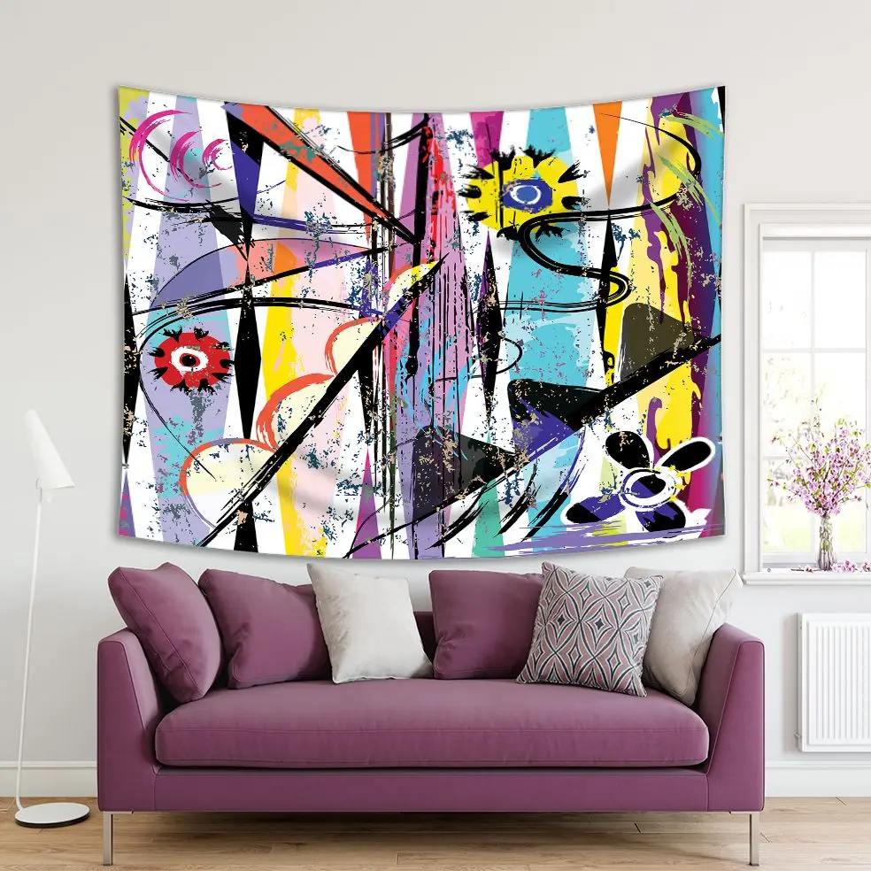 

Tapestry Abstract Art Paint Strokes Splashes Geometric Lines Contemporary Painting Yellow Purple Black Print