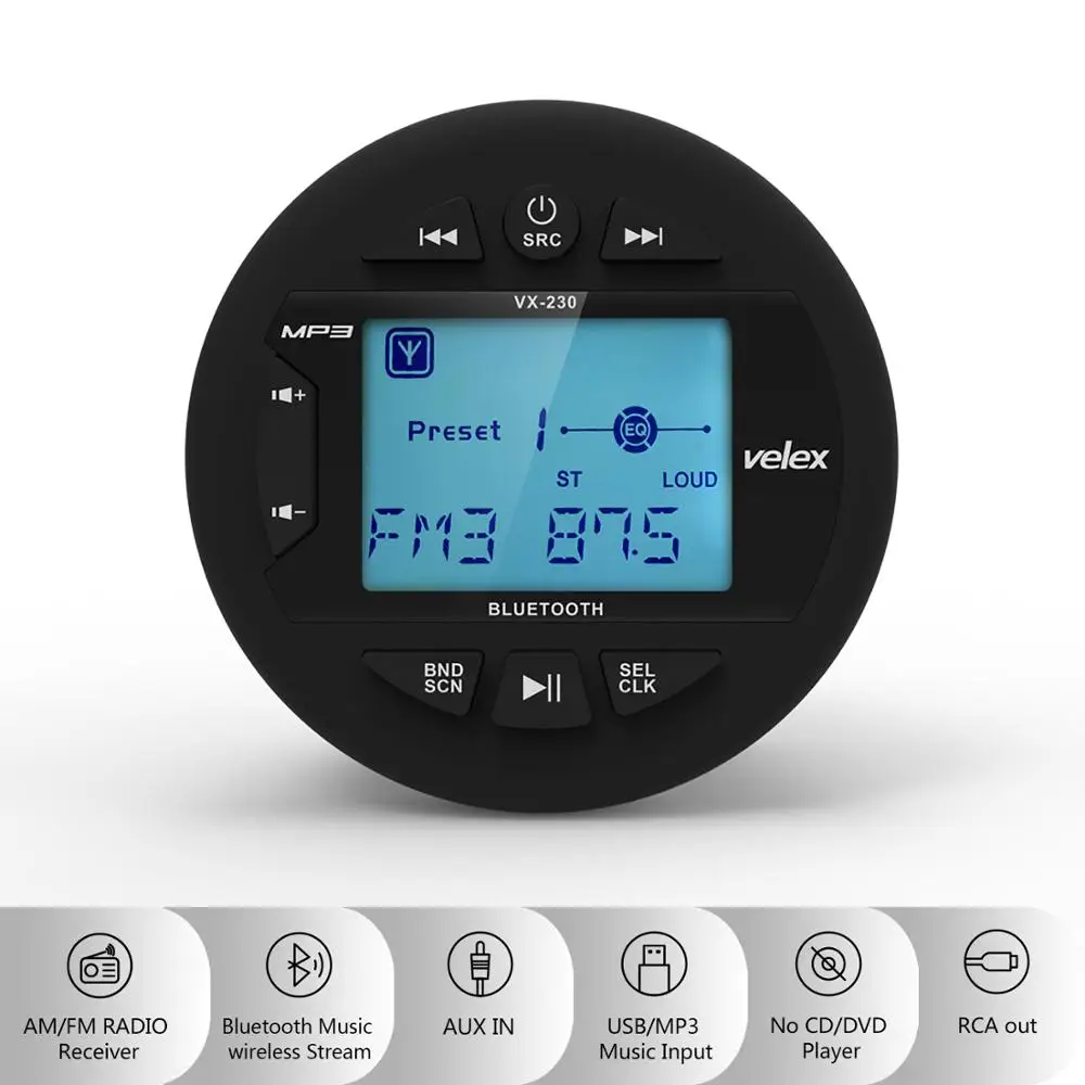 Фото Водонепроницаемый морской цифровой медиа-стерео ресивер с Bluetooth, mp3-плеером, AM, FM-радио и USB для потоковой музыки на лодках и гольфах №2