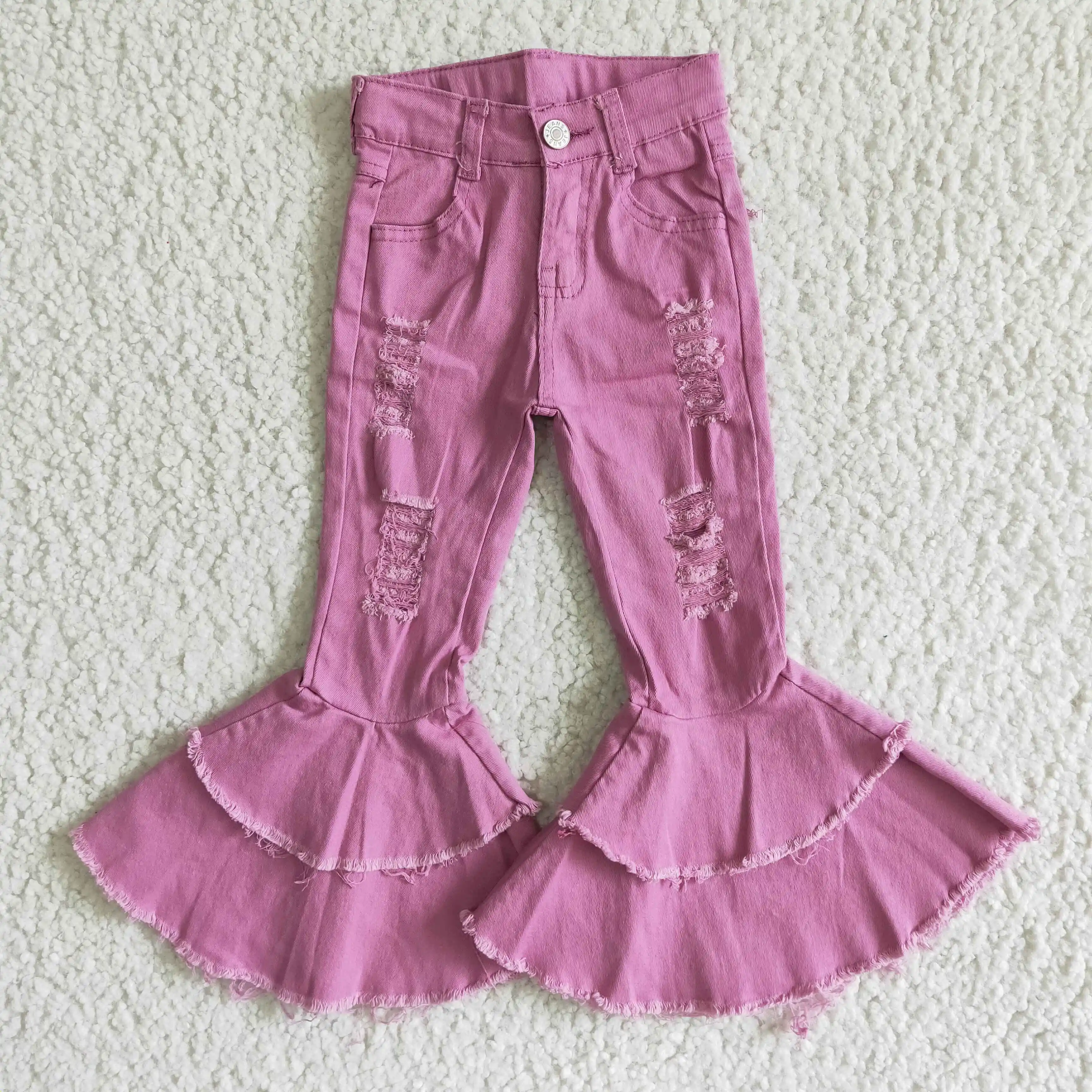 

Boutique fashion style baby girl jeans pants purple hole design flared pants new design wholesale adjustable waist denim pants