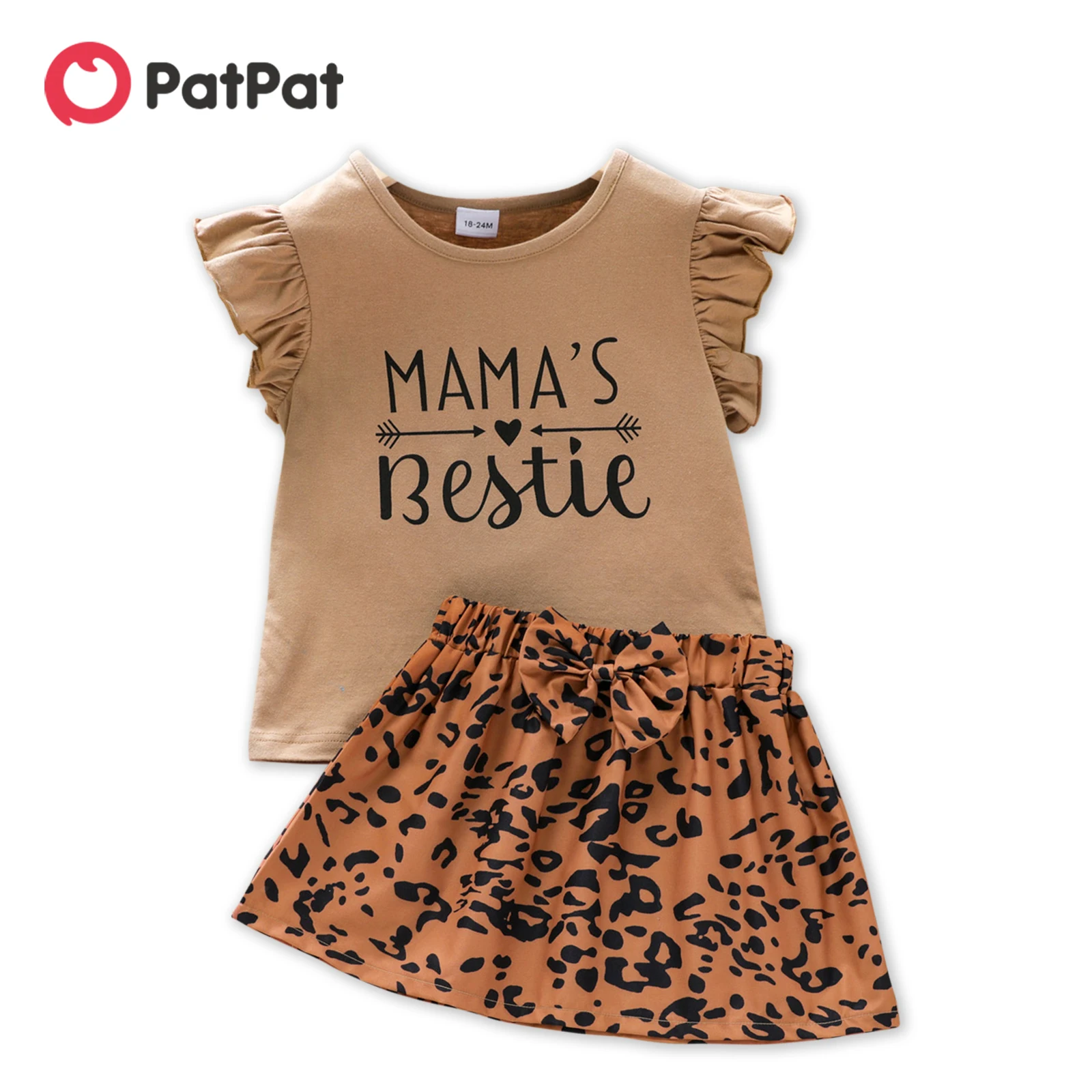 

PatPat 2-piece Toddler Girl Letter Print Flutter-sleeve Tee and Bowknot Design Leopard Print Skirt Set