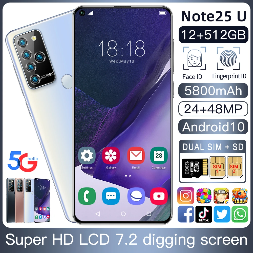 Note25U смартфон с 5 5-дюймовым дисплеем процессором MTK6889 ОЗУ 12 Гб ПЗУ 7 2 ГБ 24 + 48 Мп Android