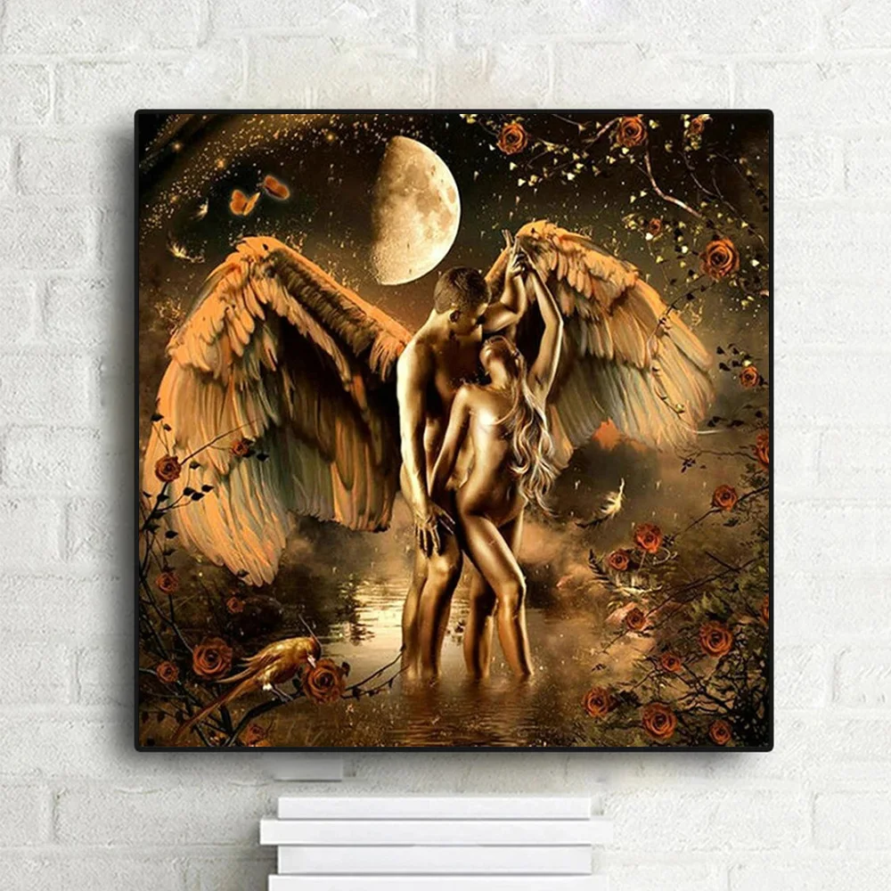 

Abstract Golden Angel Lover Canvas Painting Naked Couple Poster and Print Angel Wing Picture for Living Room Wall Art Home Decor