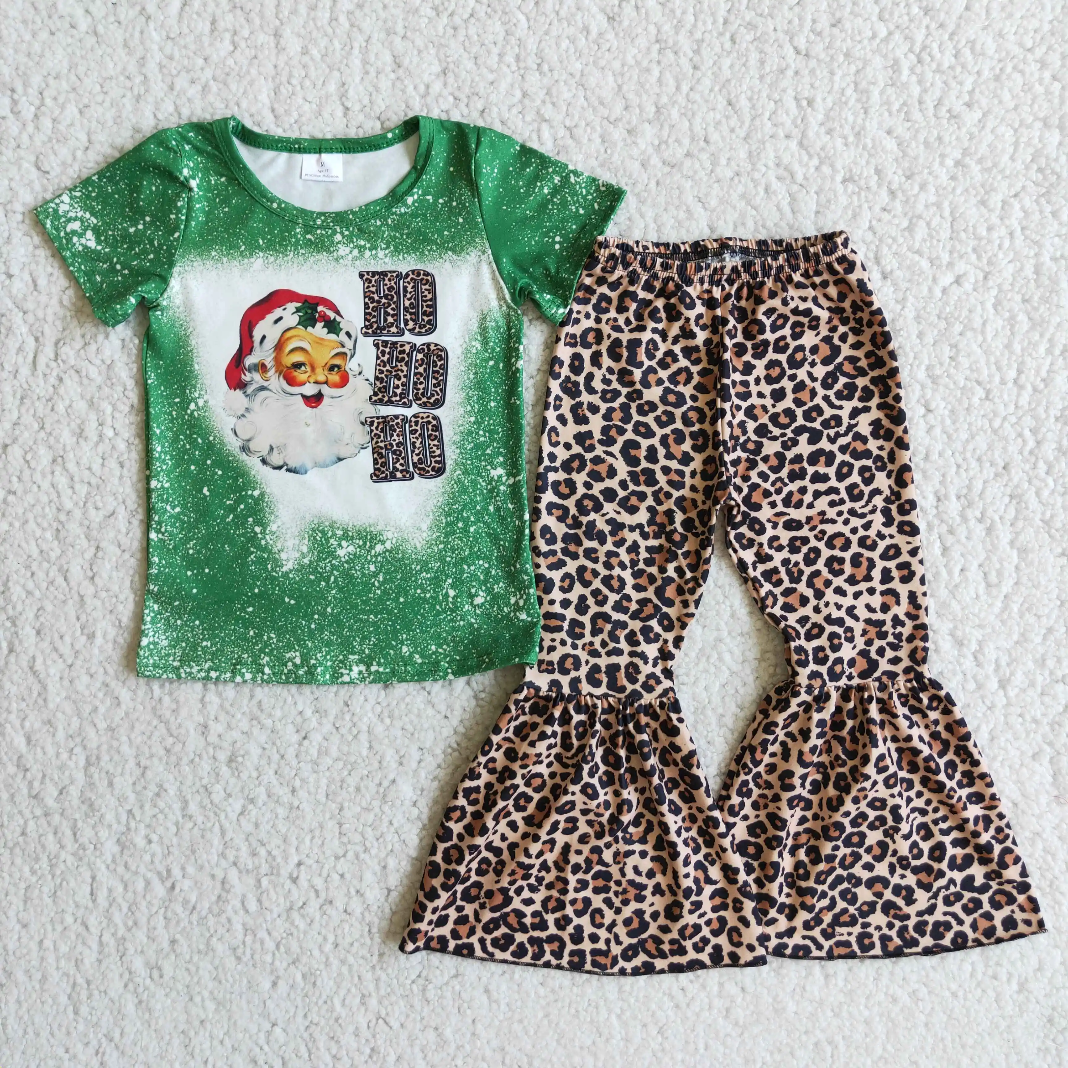 RTS Children's Girls Christmas New Style Green Short Sleeve Shirt Santa Print Leopard Flared Pants Baby Boutique Clothes
