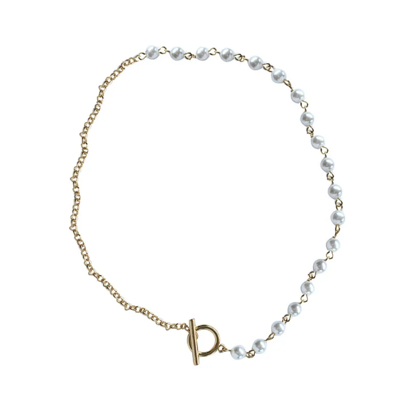 

Japan and South Korea simple fashion personality metal imitation pearl necklace asymmetrical pendant French clavicle chain