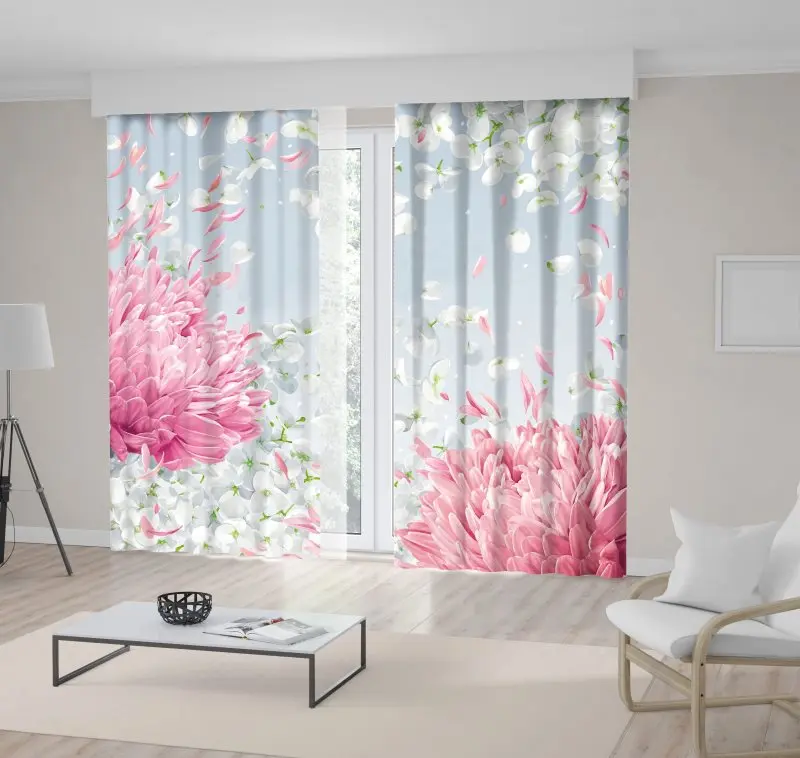 

Curtain Hydrangea Flower Apple Blossom Chrysanthemums Flying Petals in Spring Wind Scenery Pink Gray