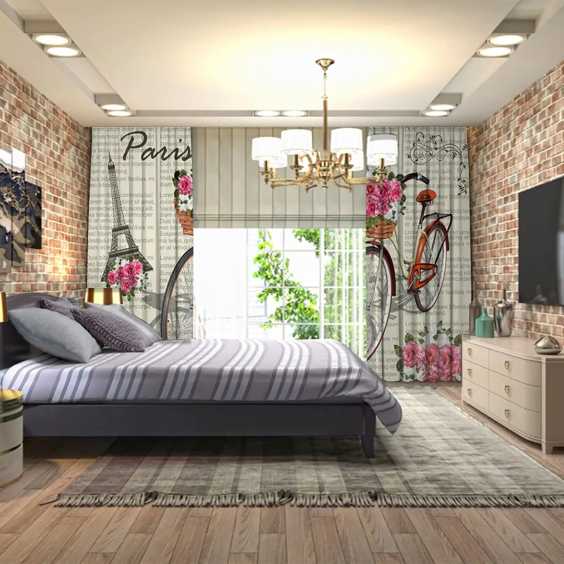 Занавес велосипедная корзина заполненная розами Эйфелева башня Париж