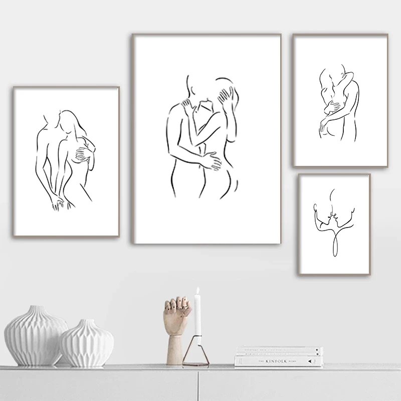 

Lovers Couple Line Drawing Fashion Art Print Poster Clean Love Line Anniversary Bedroom Decoration Gift