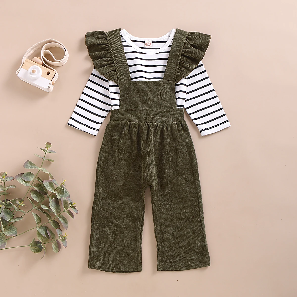 

Spring Clothes Baby Girls 6 Months Long Sleeve Sriped T-shirt And Solid Retro Green Suspender Pants Outfits 2PCS Set