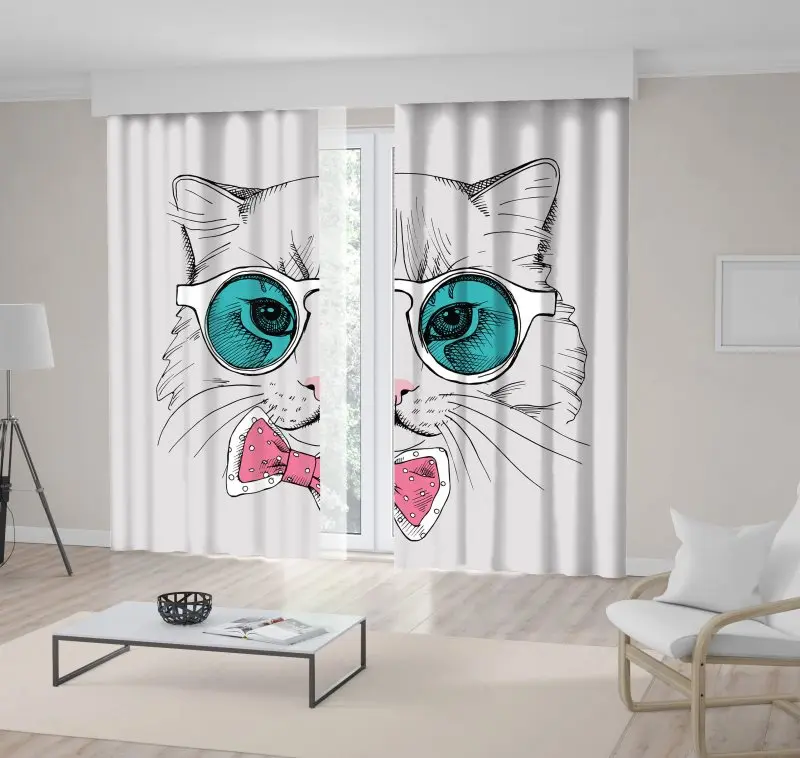 

Curtain Cute Cat in Glasses and Bow Tie Fashion Stylish Animal Cartoon Art Gray Blue Pink