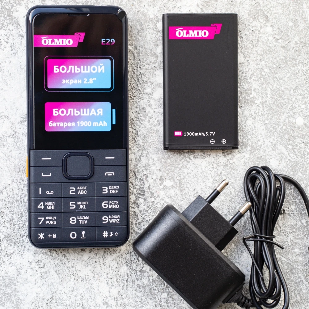 Мобильный телефон Olmio E29 с большим экраном 2.8 и мощным аккумулятором 1900 mAh. |
