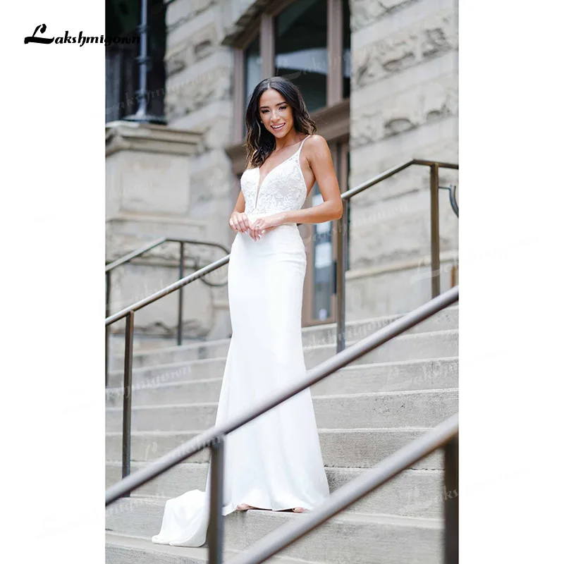 

Sexy Mermaid Wedding Dresses Spaghetti Straps Deep V-Neck Off The Shoulder Backless 2021 Lace Top Soft Satin Court Train Skirt