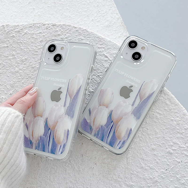 

Beautiful Transparent Phone Case For iPhone 12 11 13 Pro 7 8 Plus X XR XS Max SE 2 Luxury Tulip Airbag Clear Soft TPU Shockproof