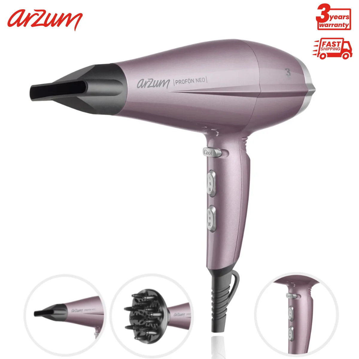 Arzum Profön Neo Professional Hair Dryer 2300W Professional Hair Dryer Strong Wind Salon Hair Dryer Hot & Cold Drying High Speed Hairdryer Temeperature Control Salon Dryer Hot &Cold Wind