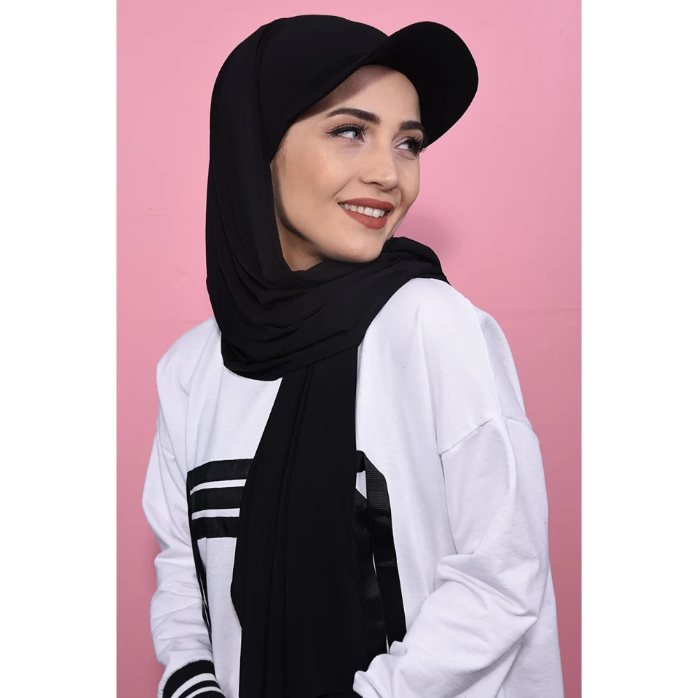 Black Hat Sport Hijab Ready Practical Shawl Scarf Turban Islamic Muslim Sets For Women 2022 Abaya Khimar Modest Bridal Veil Chiffon