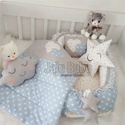 Jaju Baby Handmade Blue Star Design Luxury Orthopedic Babynest and 5 Piece Bedding Set Mother Side Portable Baby Bed Sleeping