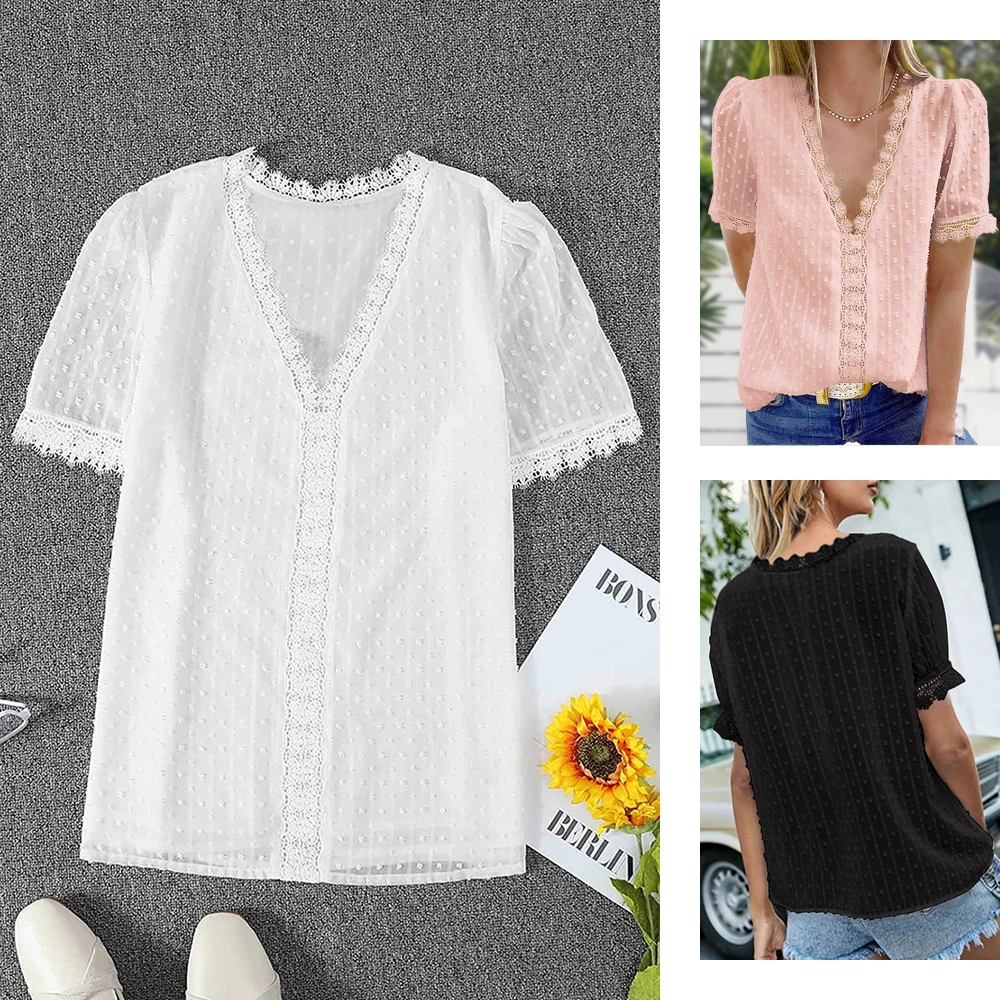 

Women V Neck Hollow Lace Crochet Tunic Tops Casual Swiss Dot Short Sleeve Blouses Loose Fit Chiffon Shirt Spring Summer 2021