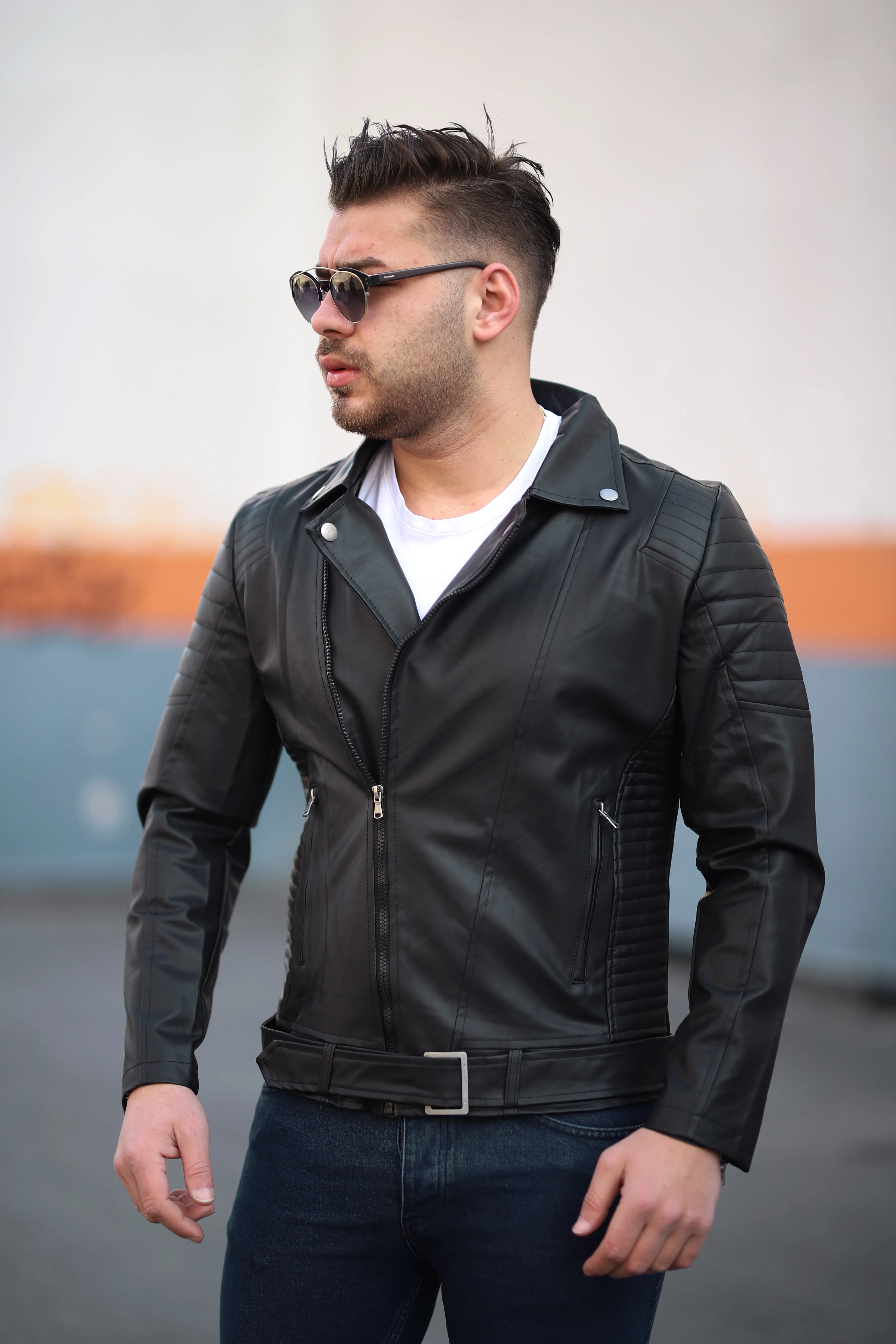 

Slim Fit Narrow Cut Kemerli Casual Men Leather Jacket Coat 7031