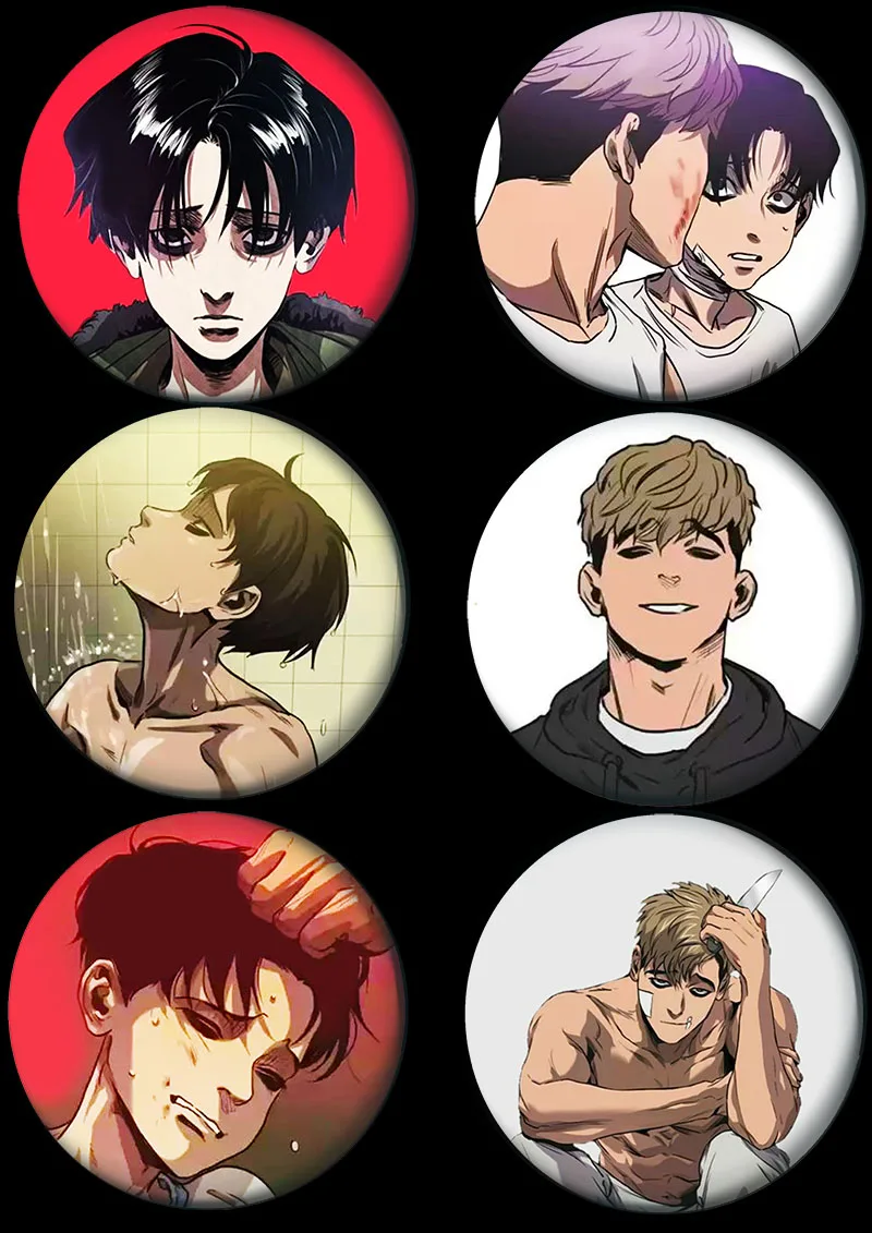 Значки на рюкзак набор 6 шт 37 и 56 мм аниме Killing Stalking Убить Сталкера О Сану Юн Бум