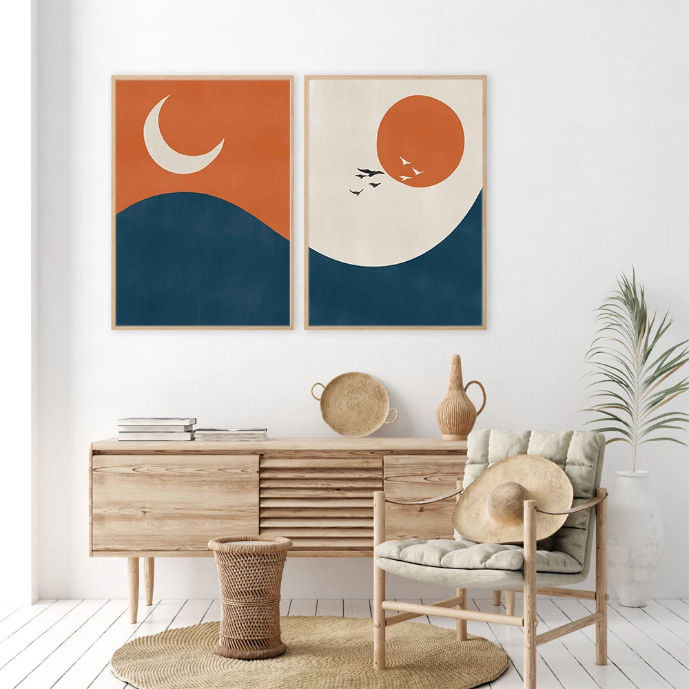 

Sun and Moon Poster Mid Century Canvas Painting Boho Sunburst Art Print Ocean Abstract Wall Picture For Living Room Home Decor