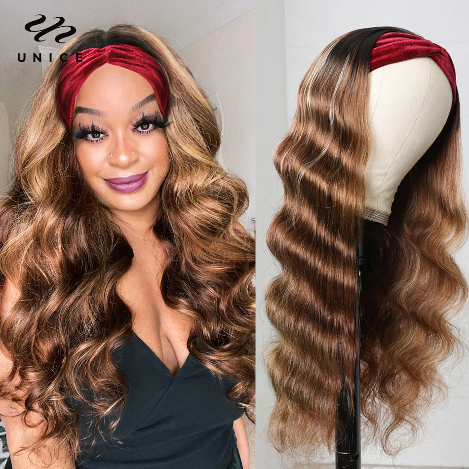 Unice Hair Designer Headband Wig Human Hair Body Wave Highlight Wig Chic Style Glueless Human Hair Wigs with Pre-attached Scarf