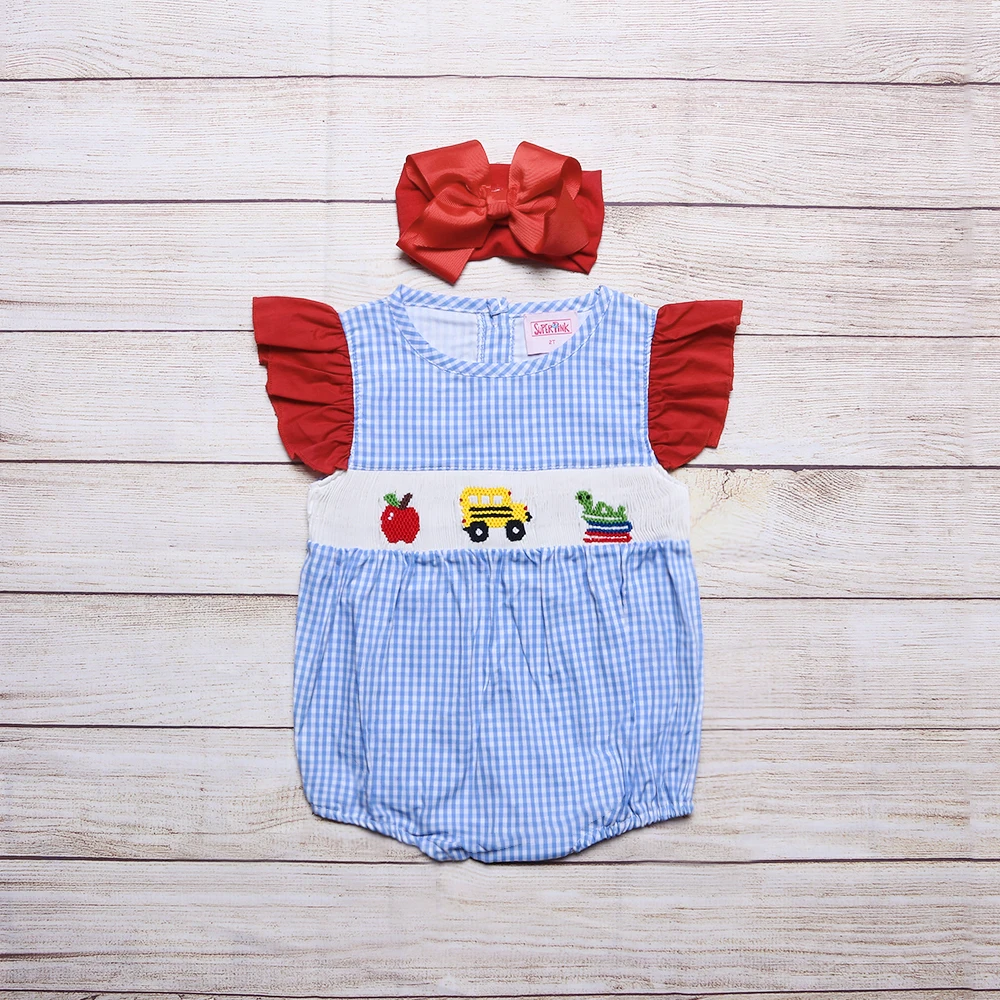 

2022 One-Piece Clothes For Girls Blue Floral Apple Car Smock Rompers For School Newborn Toddler Lattice Snap Closure Jumpsuit