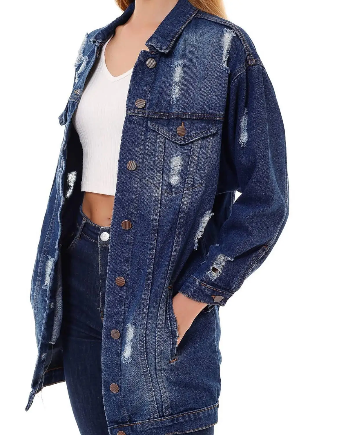 

BUTTONED-DETAILED BLUE DENIM JACKET LONG