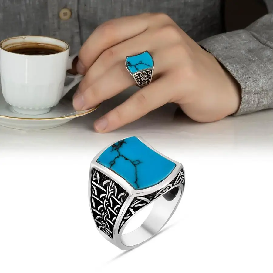 Bague pour hommes en argent Sterling 925 avec pierre Turquoise brute bleue, fabriquée en turquie 2