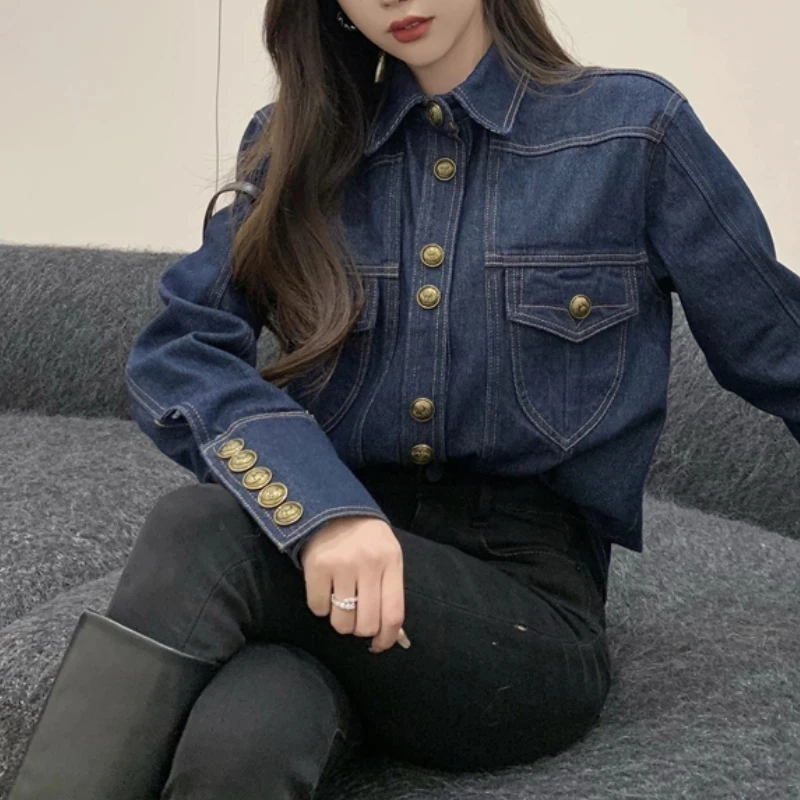 Женская Осенняя Повседневная джинсовая куртка с длинным рукавом однобортная