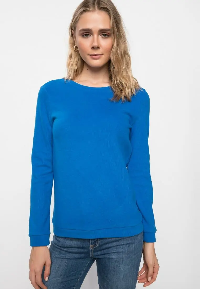 DeFacto женская футболка с длинным рукавом трикотажная синяя повседневные женские