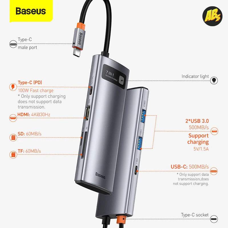 USB хаб Baseus 7 C 2 x 3.0 HDMI Type PD SD TF Gleam Series in 1 разветвитель переходник картридер док