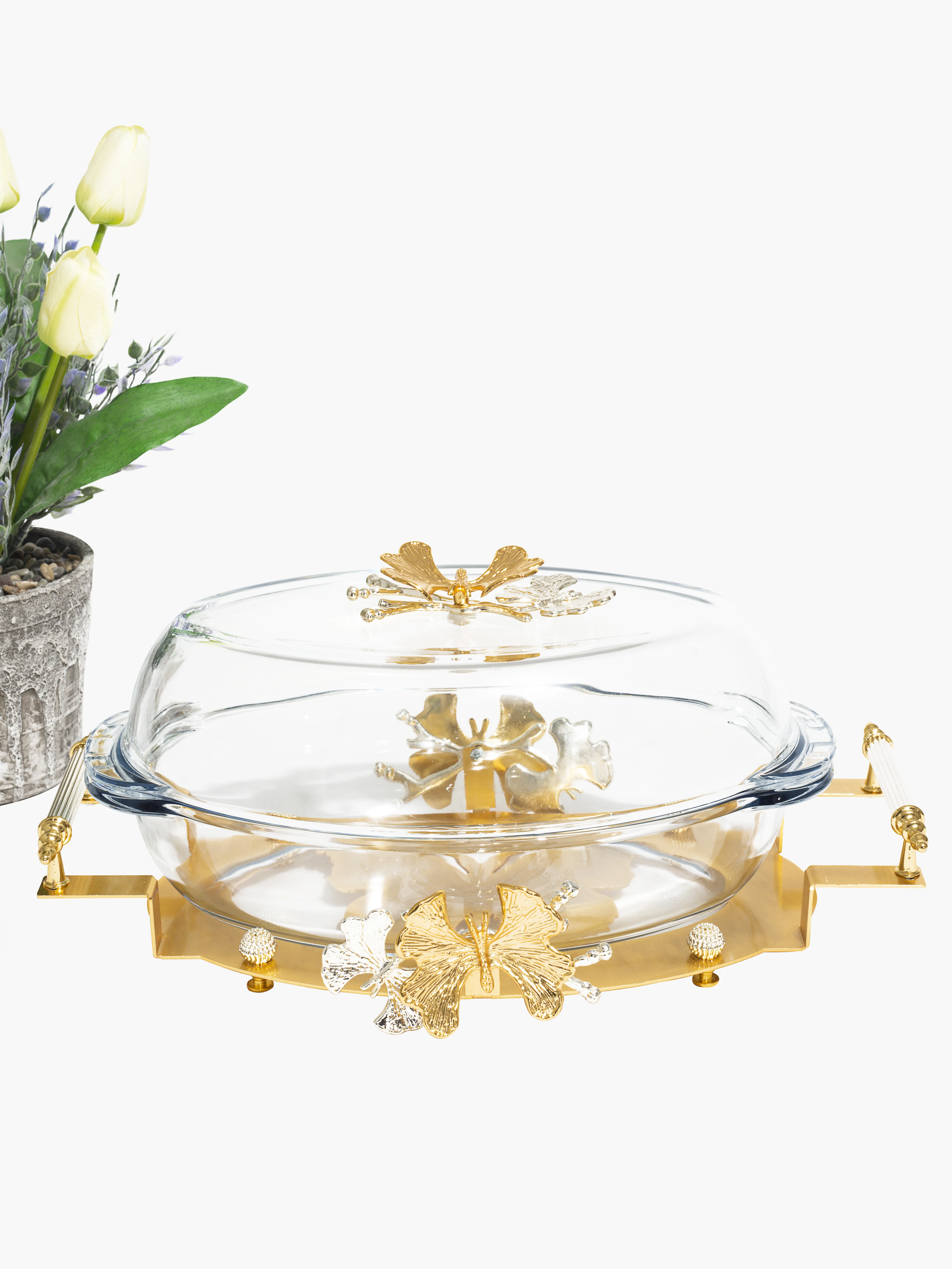 

Oval Glass Food Service Plate With Lid Butterfly Design Gold Colour Kitchen Use Decorative Quality Serve Dish Guest Home