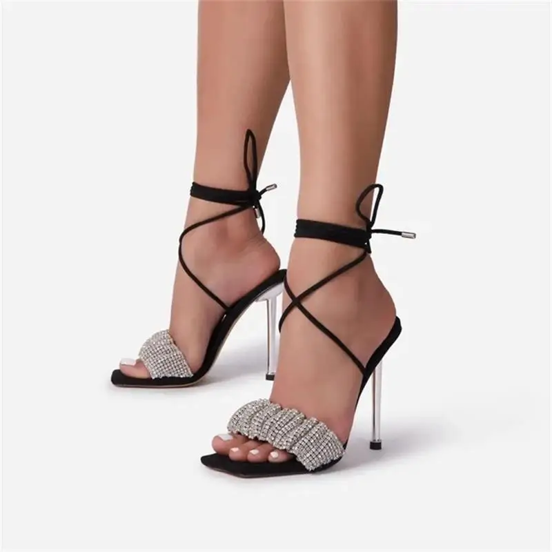 

2022 Summer Street New Lace-Up PU Material Open and Square Toe High-Heeled Sandals for Women