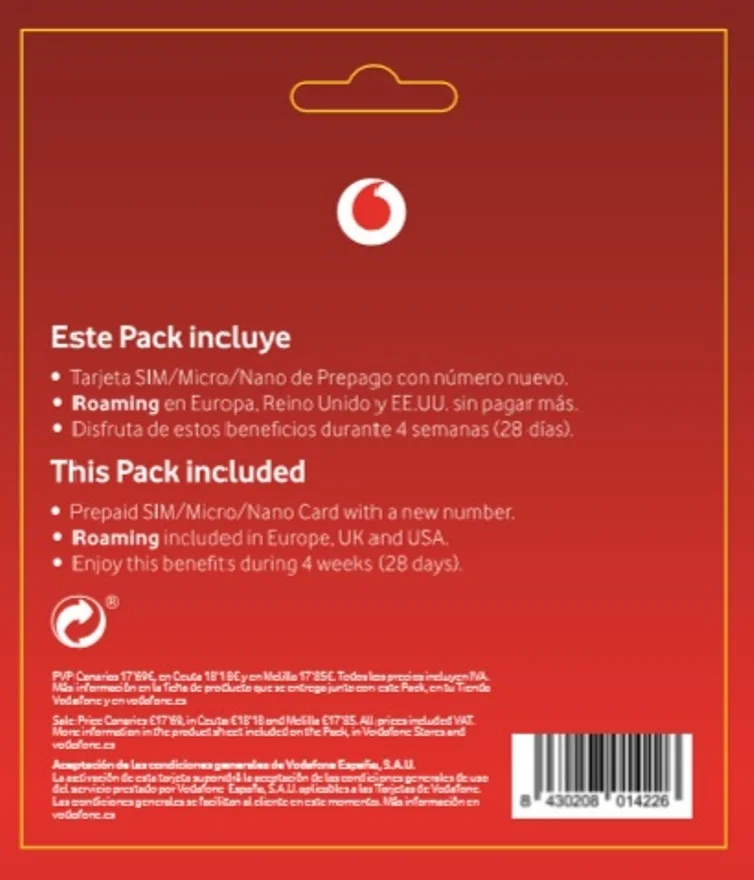 SIM VODAFONE PREPAGO L 25 Гб + ILIMITADAS ESPAÑA 5G mаxima velocdad Roaming incluido en Europa y EE.UU. Acumula GB minutos.|SIM-карты для