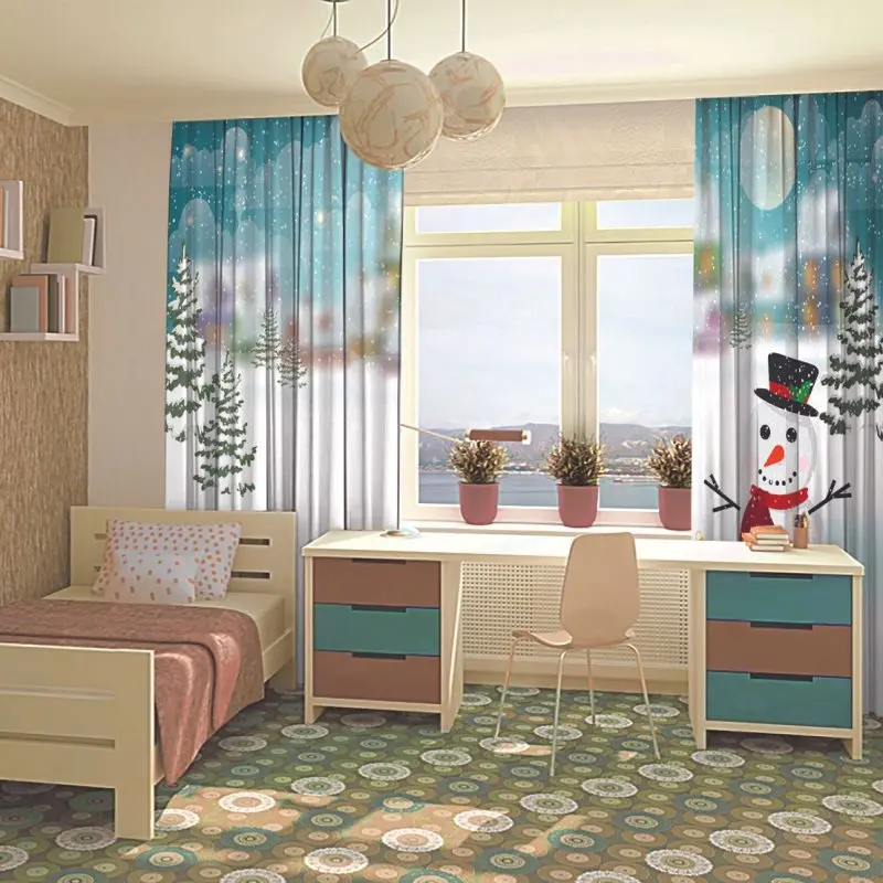 Занавеска зимняя деревня снежные домики пихта Снеговик полная луна звезды