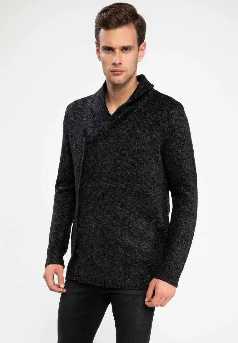 Мужской трикотажный кардиган DeFacto Черный Повседневный Кардиган креативного