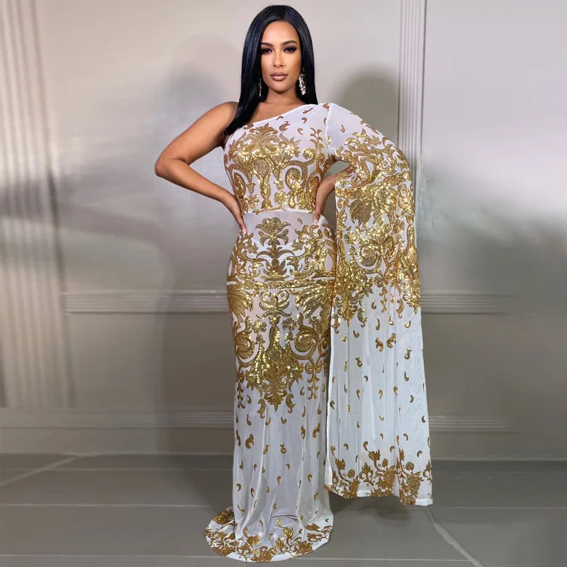 

Hot Sale Party Embroidered Sequin Mesh Slanted Shoulder Sexy High Waist Prom Dresses for Women Summer 2022
