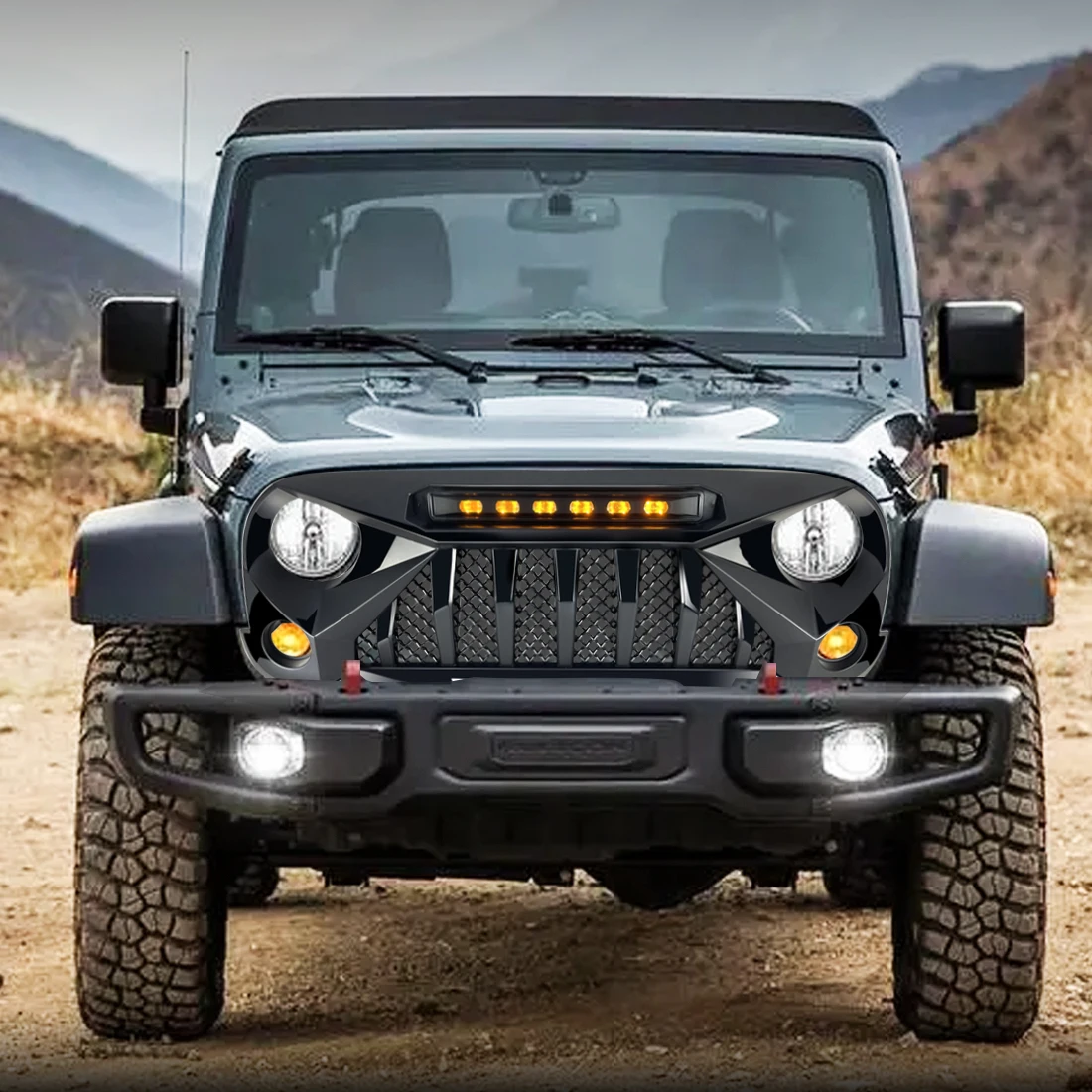 Передняя решетка для 07-18 Jeep Wrangler JK со светодиодсветодиодный фонарями янтарного