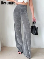 beyouare sequins flared wide leg pant women trousers high waist loose casual fashion office lady urban korean aesthetic clothing