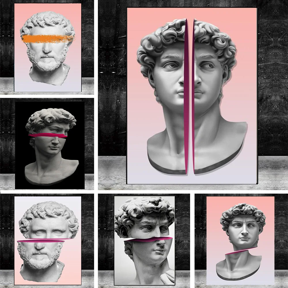 

Vaporwave Sculpture David Portrait Statue Cut Open Canvas Painting Funny Posters And Prints Modern Wall Art Pictures Home Decor