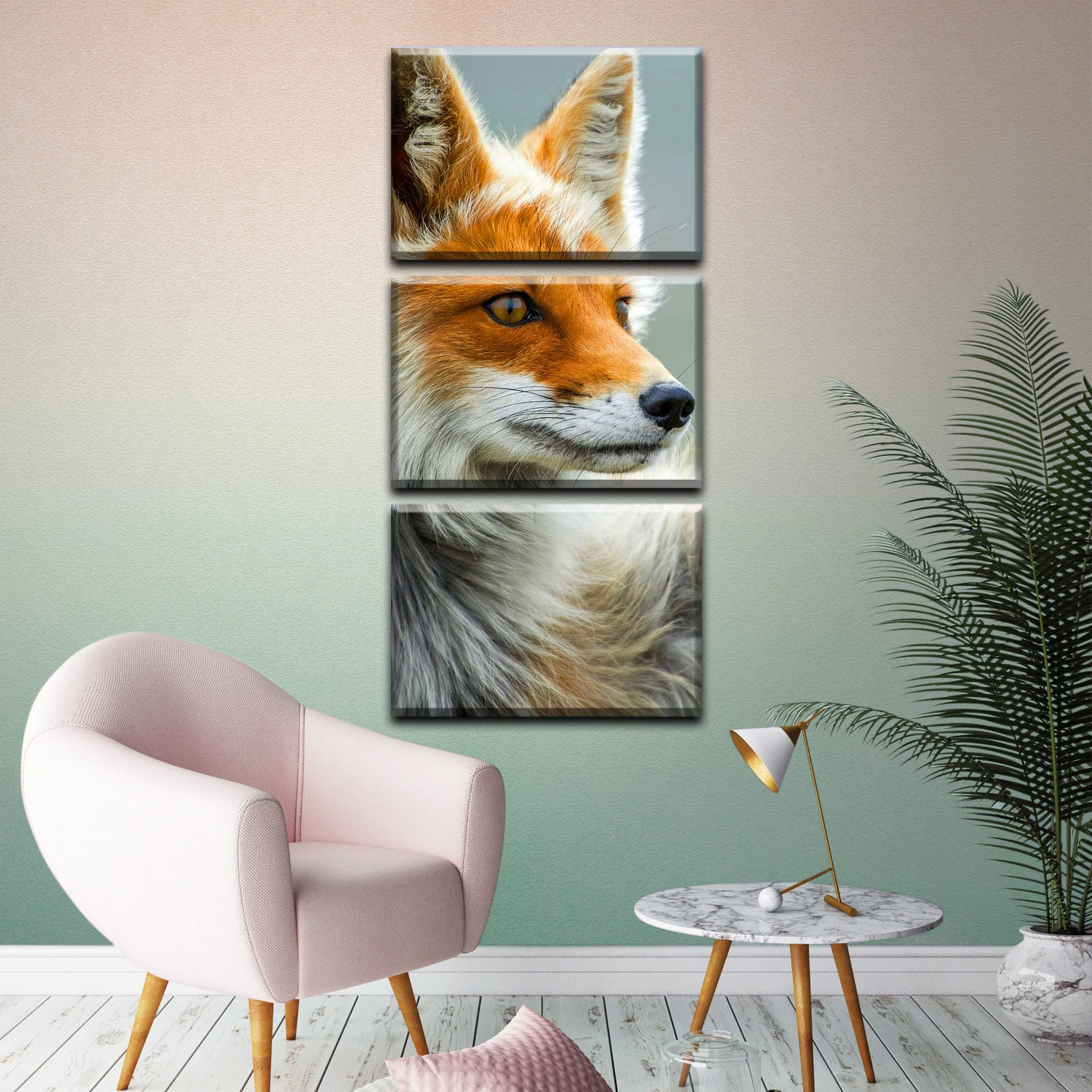 Трехмодульная горизонтальная картина на холсте. Рисунок дикого лиса. | Дом и сад