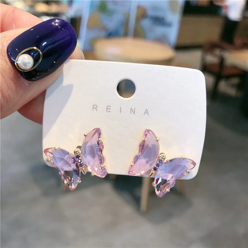 

2021 New Design Fashion Accessories Transparent Butterfly Krystal Elegant Stud Earrings Birthday Gift Jewelry