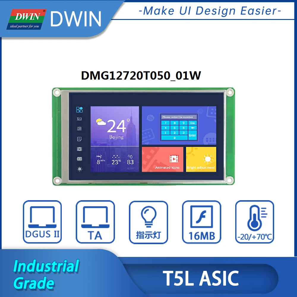 

DWIN 5 Inch 1280x720 Resolution HMI Industrial Grade IPS-TFT-LCD TTL/CMOS/RS232 UART Serial Smart Display DMG12720T050_01W