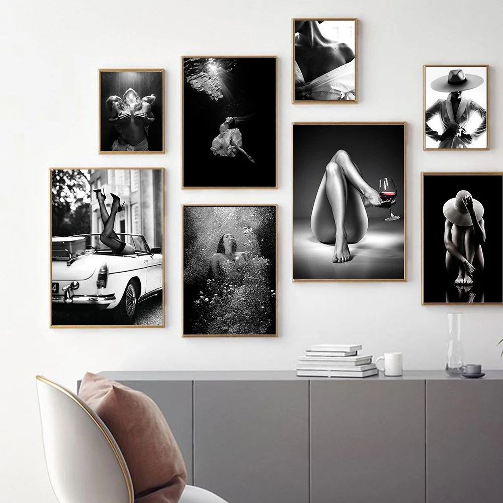 Черно-белые крылья ангела модный постер Обнаженная женщина винный бокал печать