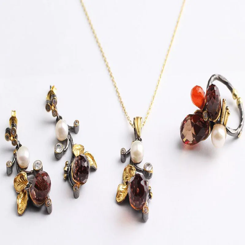 

Pearl Leaf Zultanite and Orange Zircon Jewelry Set Gold Plated, Woman Silver Zultanite Ring+Necklace+Earrings