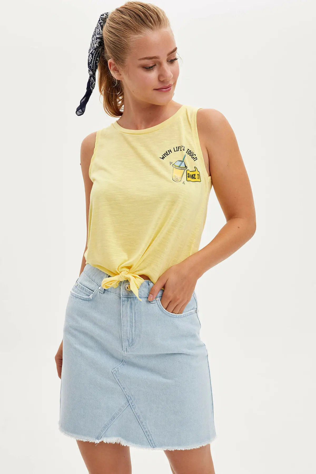 Дефакто женские Джокер Синий Высокая талия карандаш джинсовые однотонные Юбки