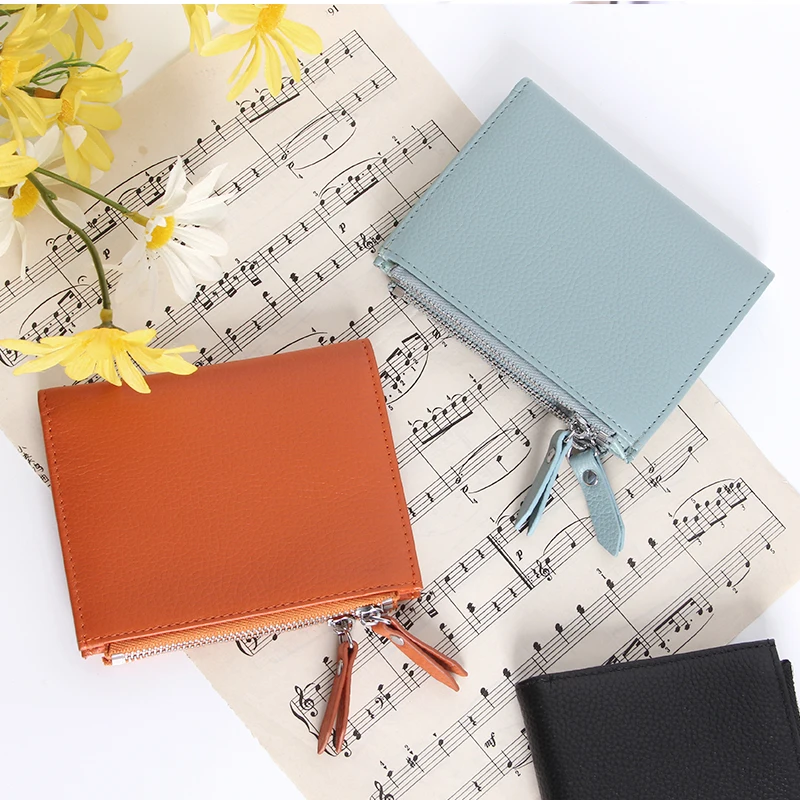 Женский кожаный двойной складной кошелек на молнии облегающий с отделением для