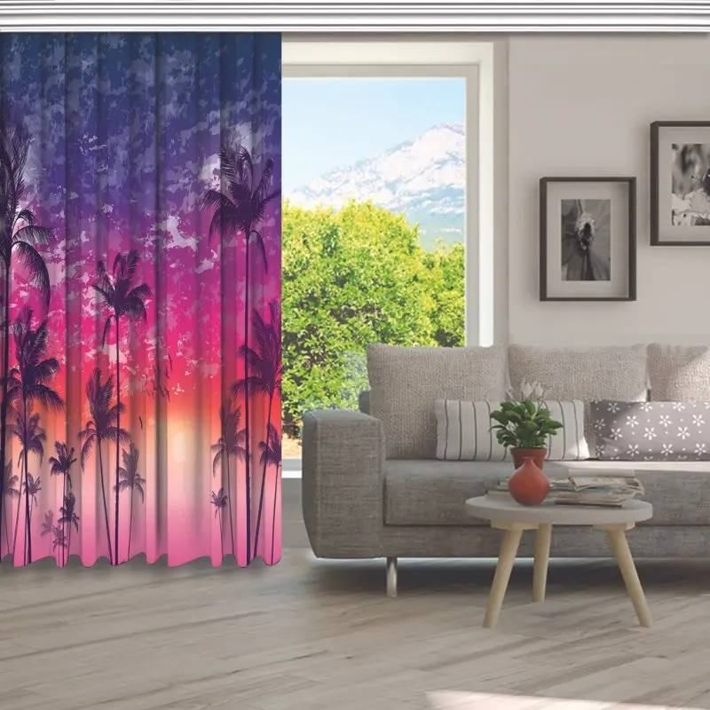 Занавеска экзотические тропические пальмы летающие чайки лошадь закат облачно с