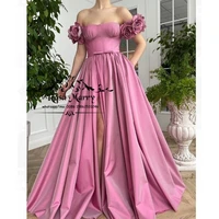 pink off shoulder long prom dresses 2021 a line 3d flowers high split cheap satin formal evening party gowns vestido de fiesta