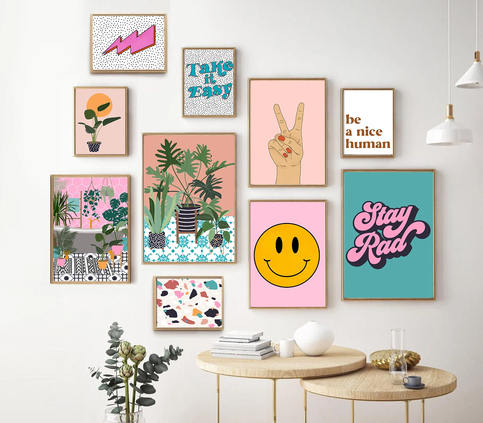 

Boho Poster Abstract Geometric Tile Canvas Painting Plant Art Print Lightning Sign Wall Picture Living Room Pink Apartment Decor